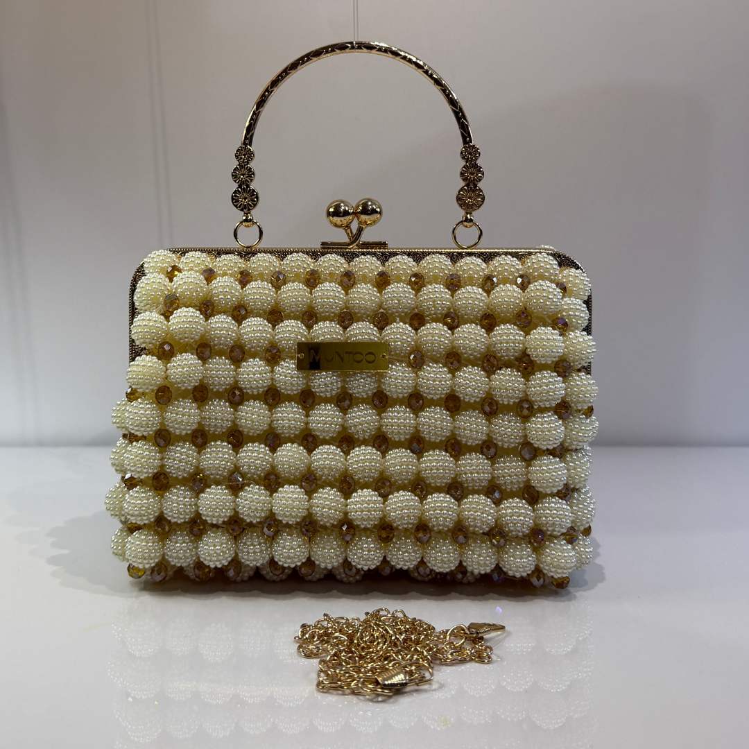 🤍✨ White & Golden Berry Ball Bead Bag