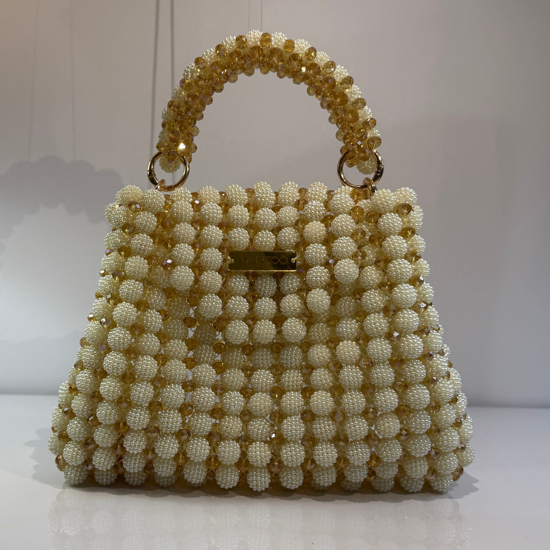 🤍✨ White & Golden Square Berry Ball Bead Bag