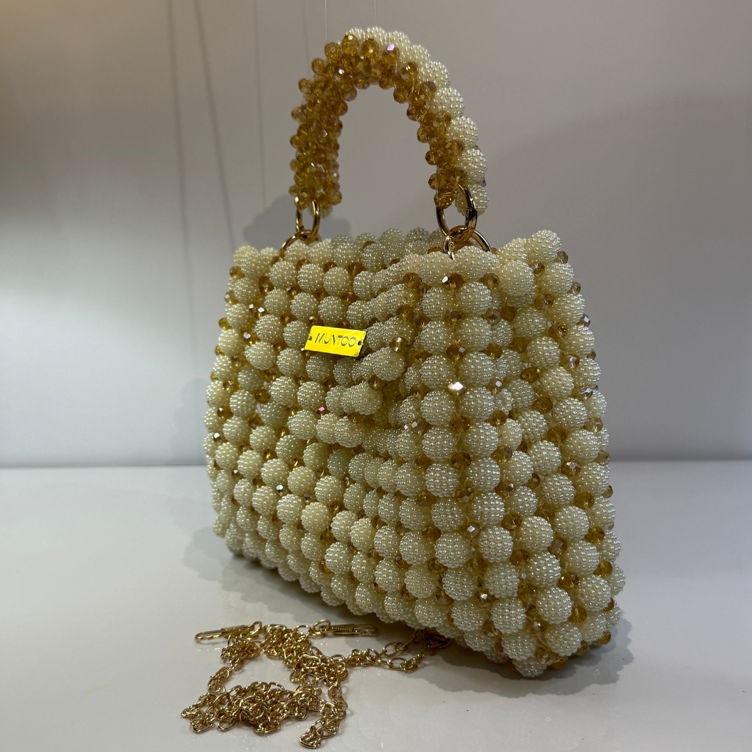 🤍✨ White & Golden Square Berry Ball Bead Bag