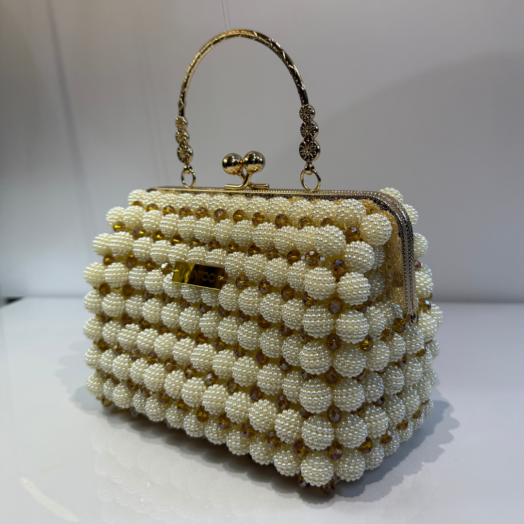 🤍✨ White & Golden Berry Ball Bead Bag